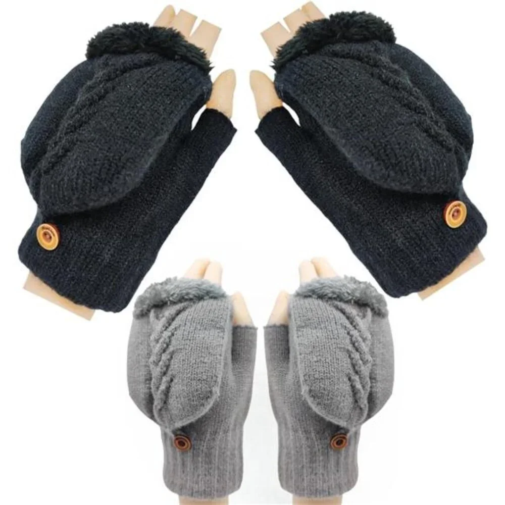 2 Pairs Women's Fingerless Wool Gloves Warm Fleece Lined Knit Texting Mittens